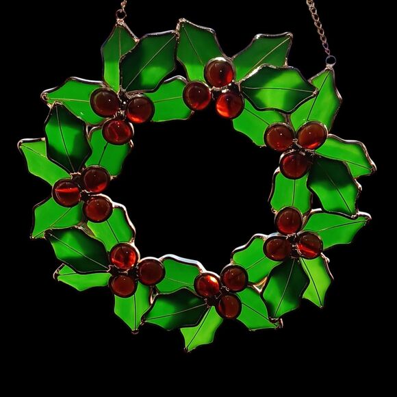 Vintage Stained Glass Christmas Holly Wreath Ornament Handmade Suncatcher 10 in - Picture 12 of 12